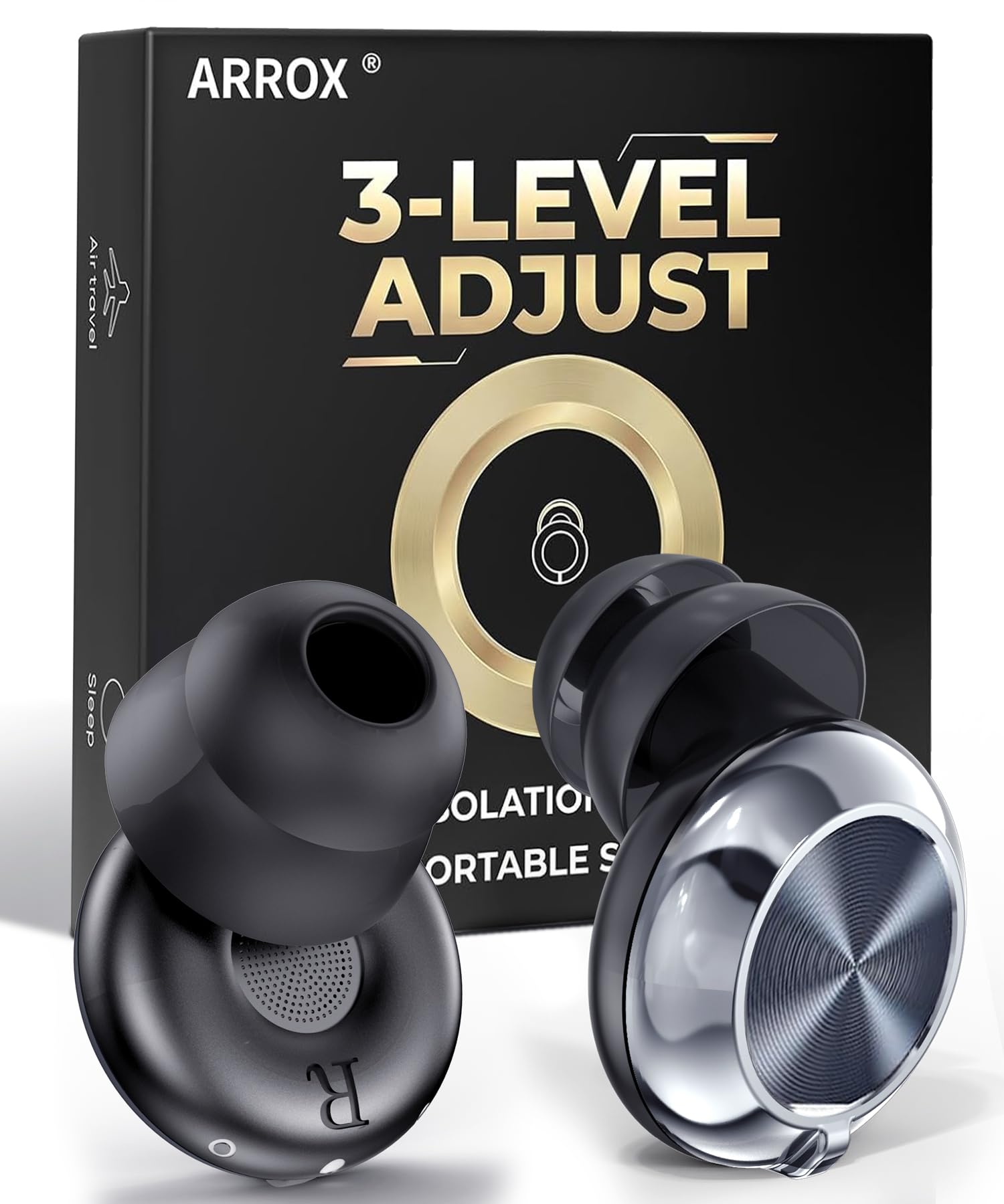 ARROX adjustable earplugs for sleeping with three noise modes for personalized comfort.