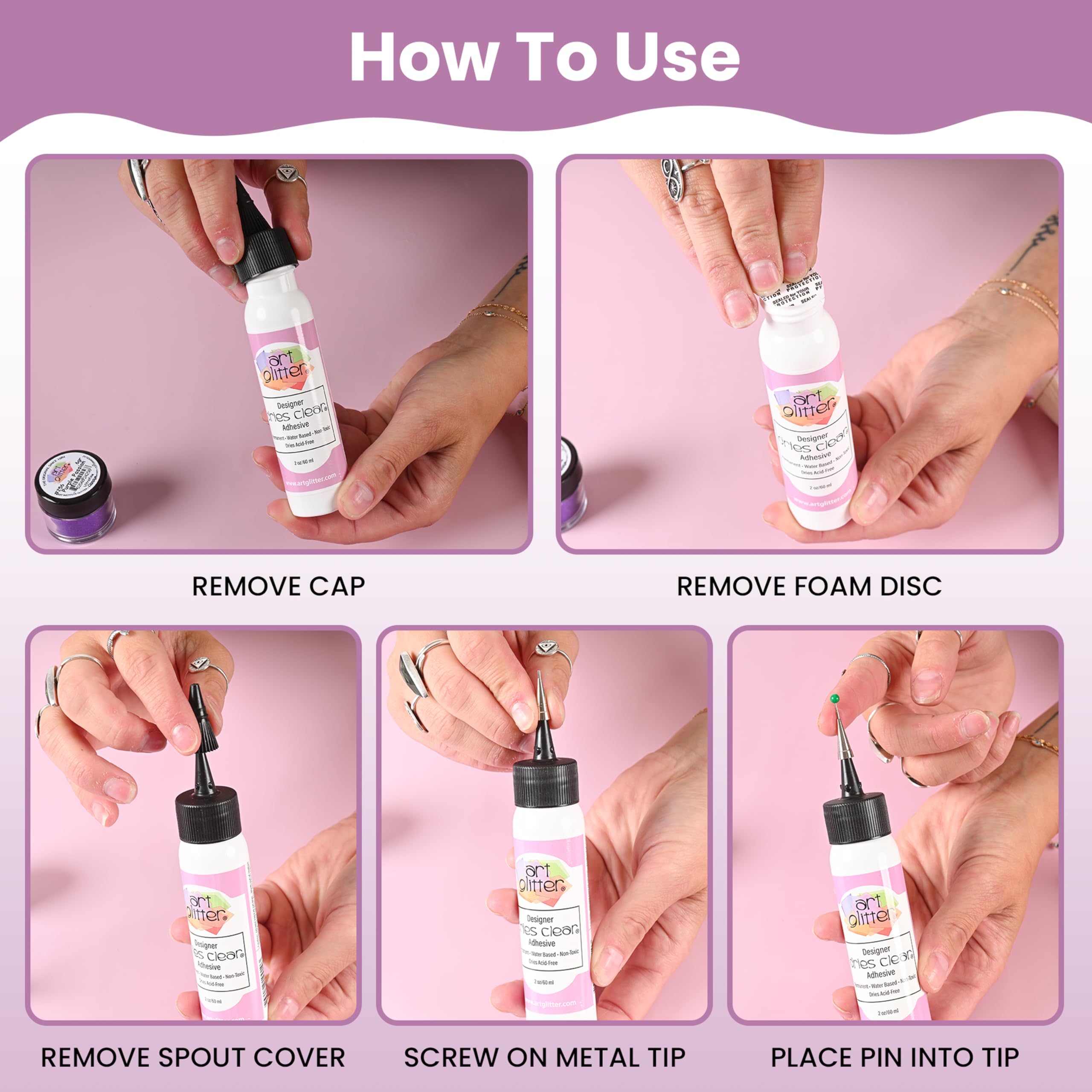 Art Glitter 8oz bottle close up with secure cap for mess free application.