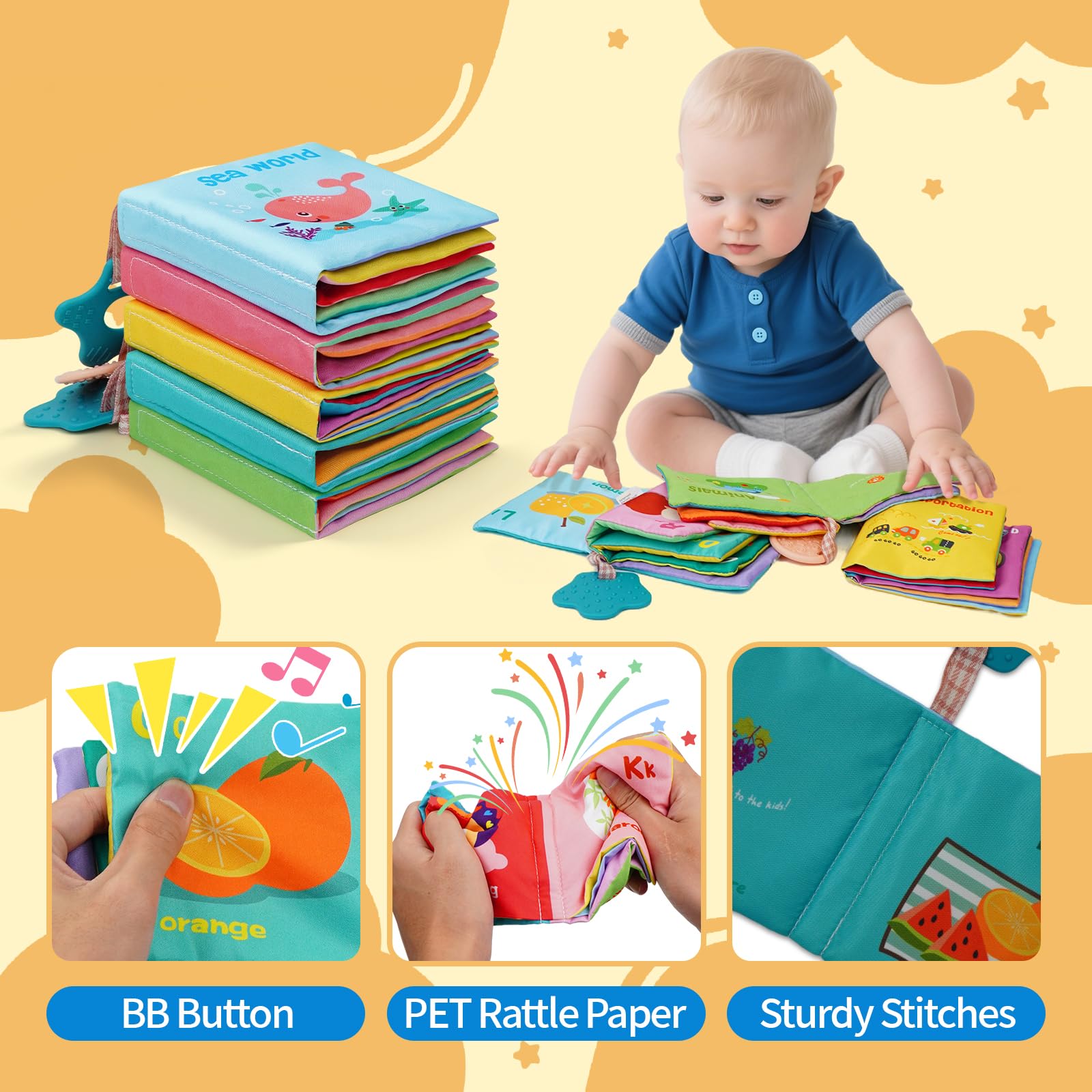 ArtCredit foods theme soft cloth crinkle book pairs bright images with letters