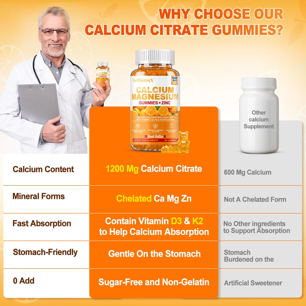 ArtDietistX Calcium Gummies packaging close-up; highlights Vitamin D3 and K2.
