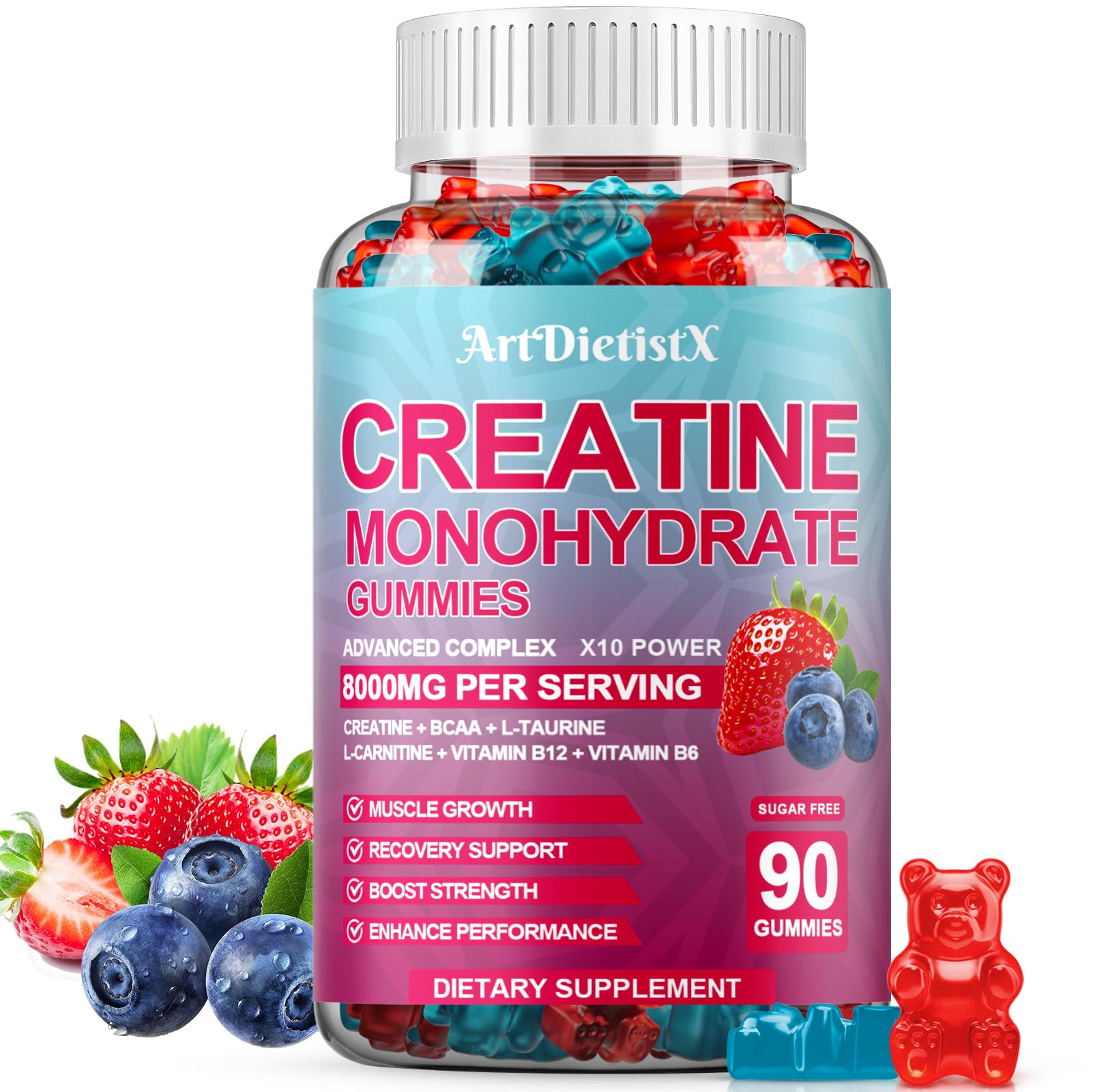 ArtDietistX Creatine Gummies strawberry flavor for steady energy during workouts.