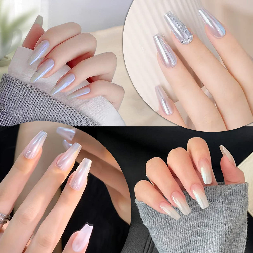 Artdone Aurora chrome powder showing shifting hues over light gel polish