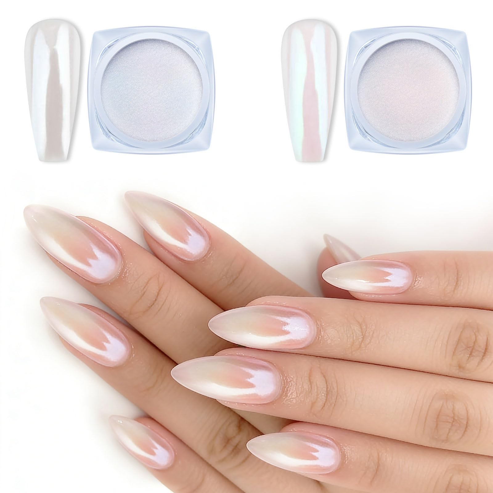 Artdone chrome nail powder white pearl jar showcases luminous mirror finish for gel nails.
