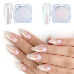 Artdone chrome nail powder white pearl jar showcases luminous mirror finish for gel nails.