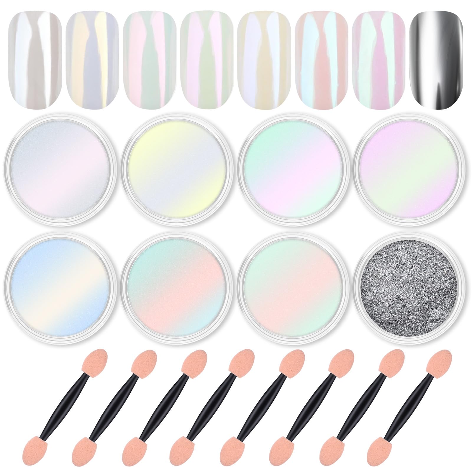 Artdone white pearl chrome nail powder for gel nails with mirror shine.
