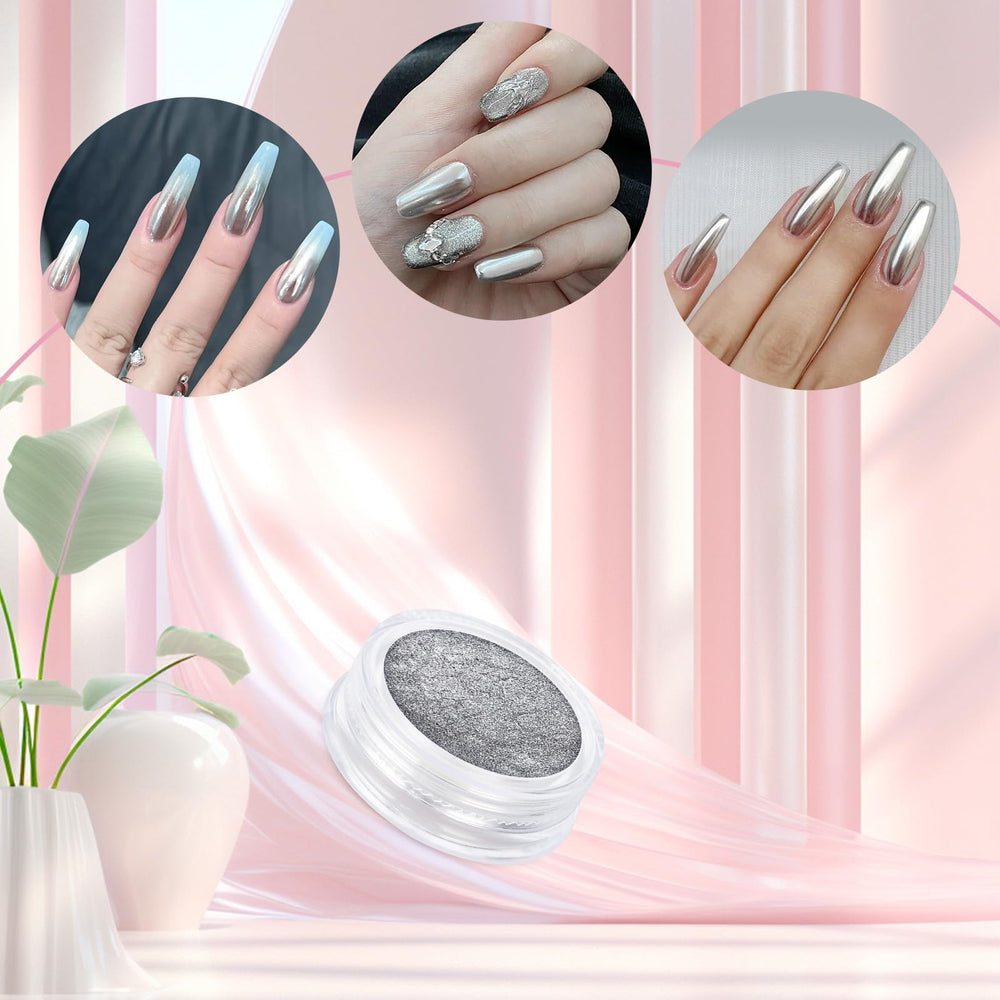 Artdone white sheen chrome powder creates bright diamond-like chrome on tips.