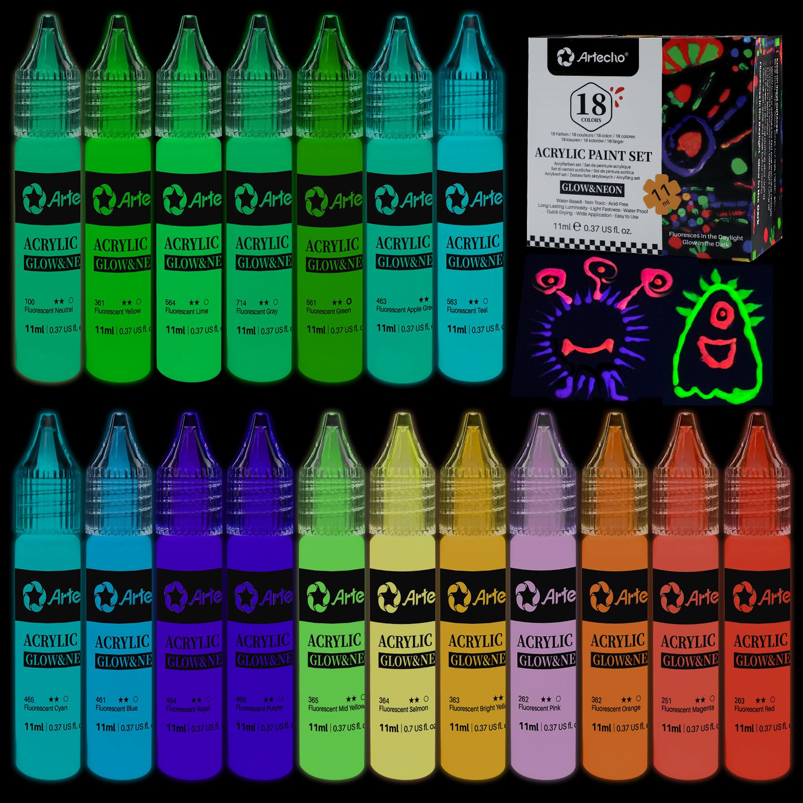 Artecho glow paint set with 18 neon colors in bottles for vibrant artwork
