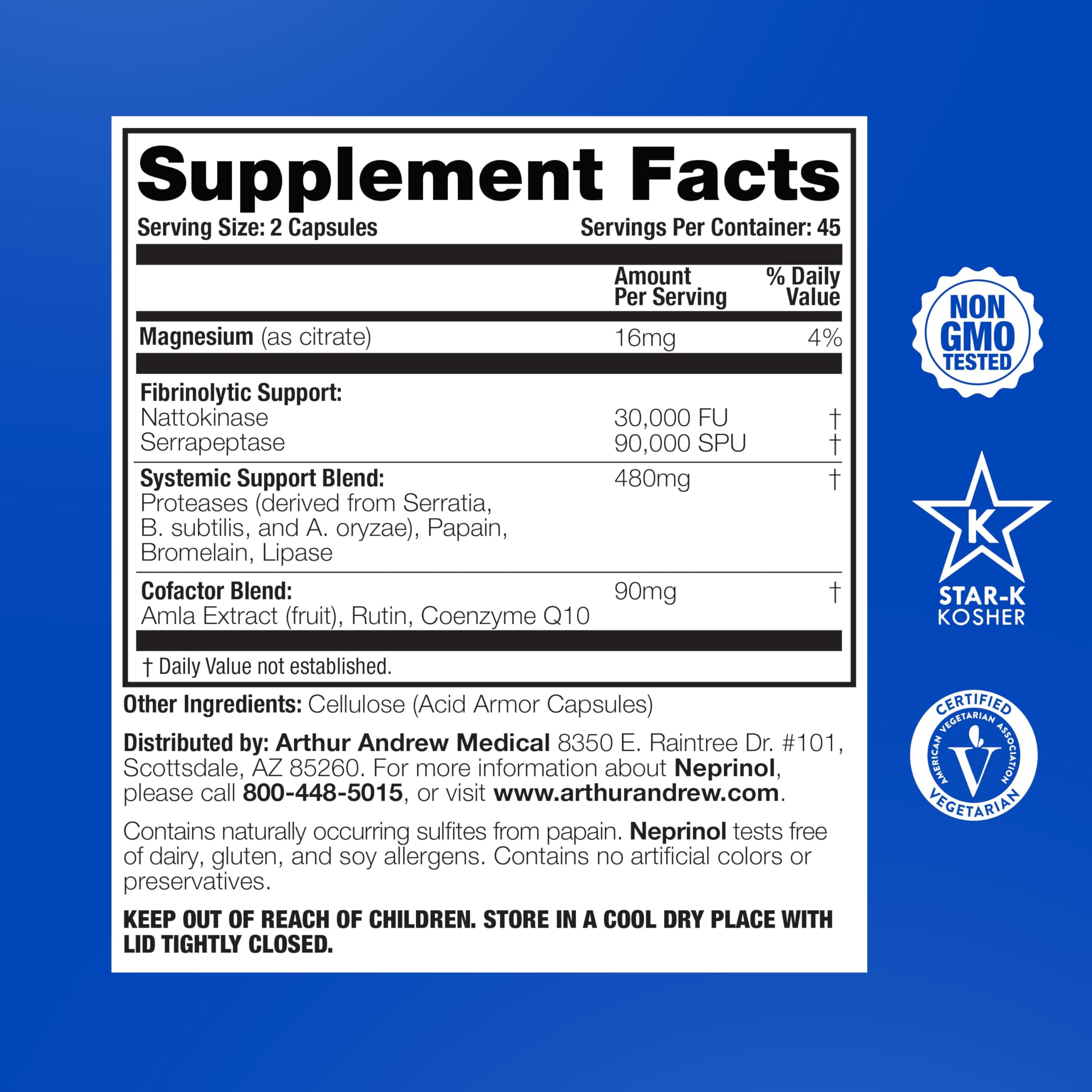 Arthur Andrew Medical Neprinol AFD bottle back label shows ingredients and purity
