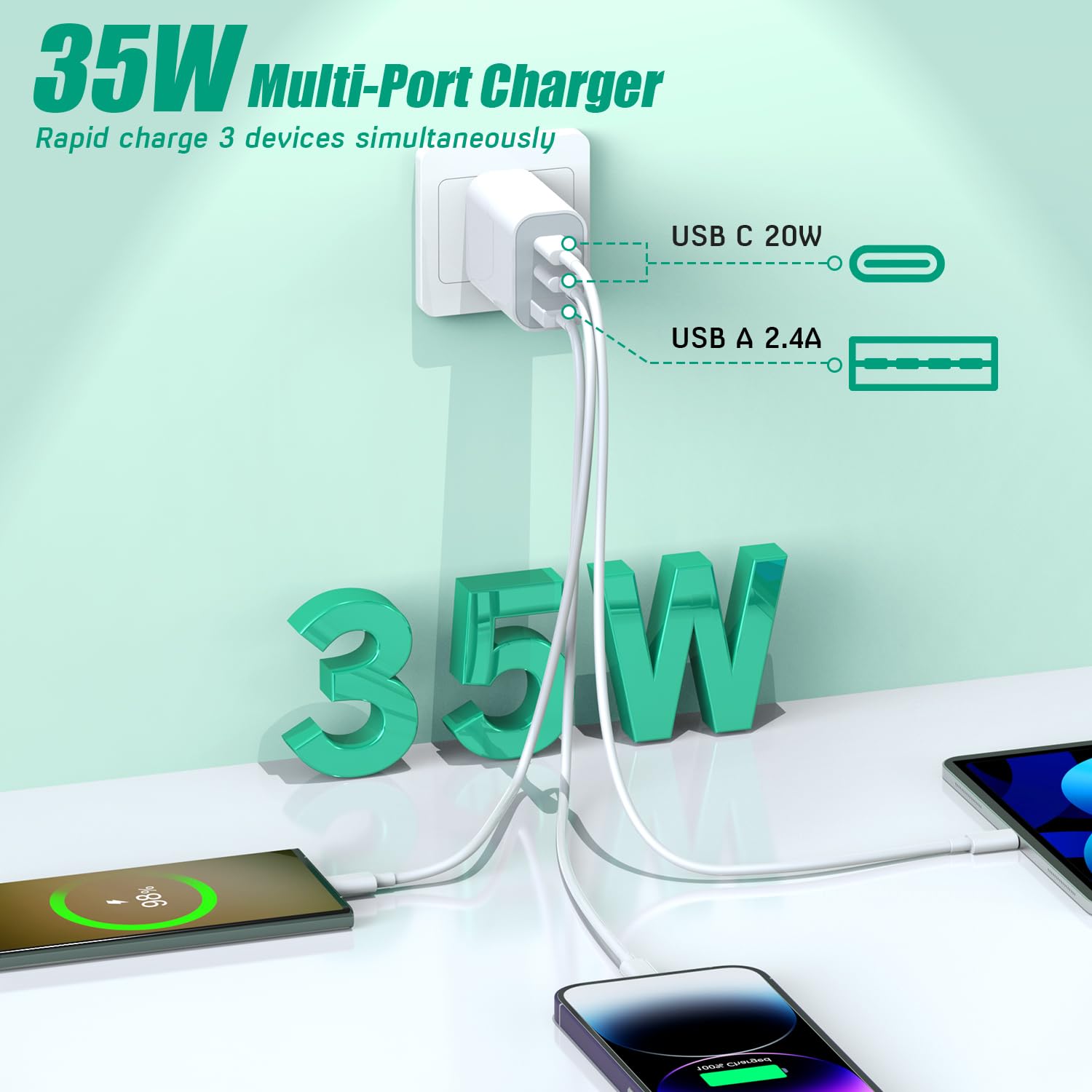 Articona 3-Port USB-C wall plug ready for multi-device charging.
