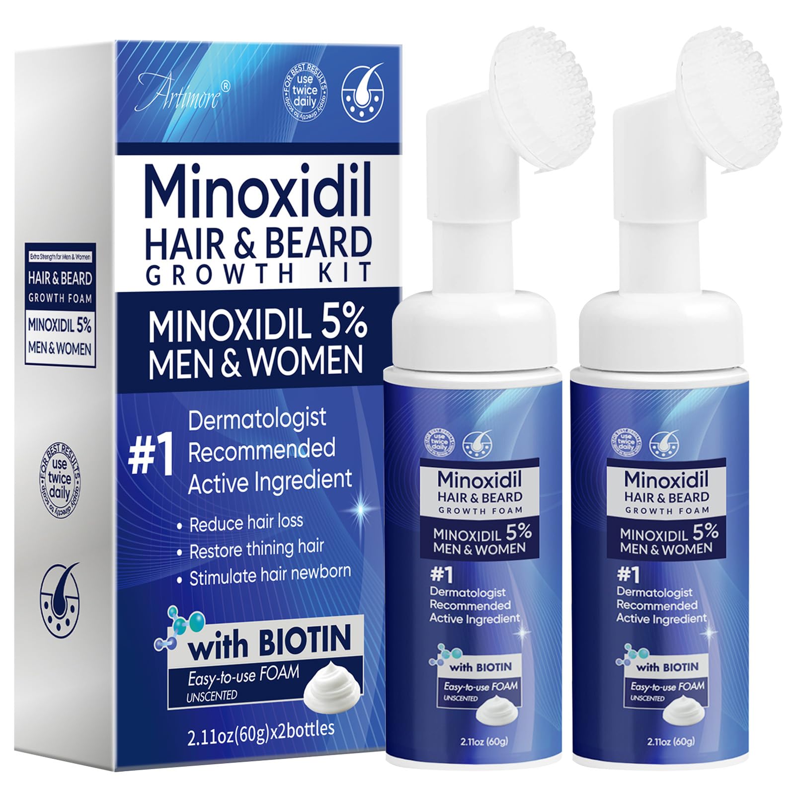 Artimore 5% Minoxidil Foam bottle close-up for scalp thinning