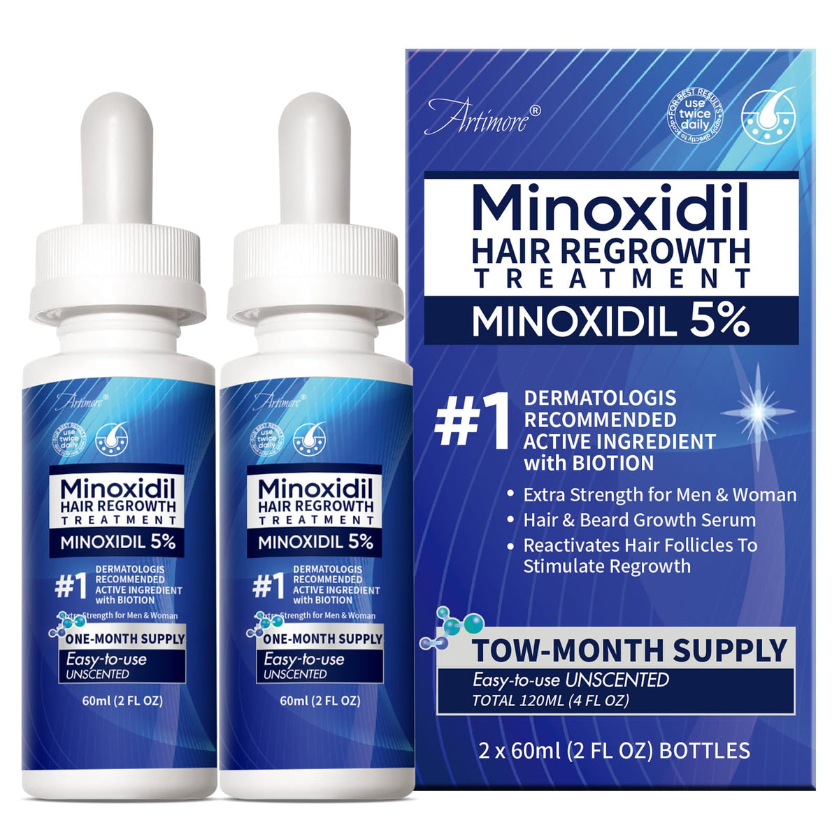 Artimore 5% minoxidil topical bottle for daily scalp application to support thinning areas.