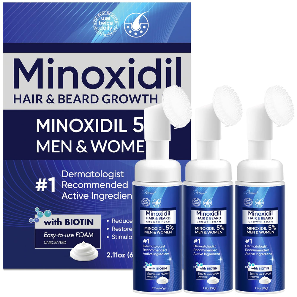 Artimore Minoxidil Foam bottle front for thinning hair support.