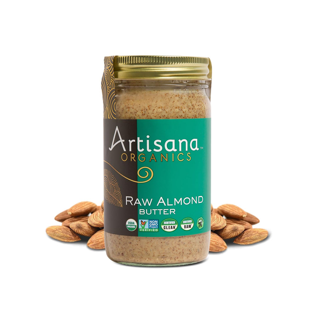 Artisana Almond Butter jar front view, creamy spread ready for toast or smoothies