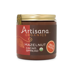 Artisana Hazelnut Cacao Spread jar, rich flavor ideal for toast.