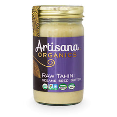 Artisana Tahini jar close-up showcases pure sesame butter for versatile use.