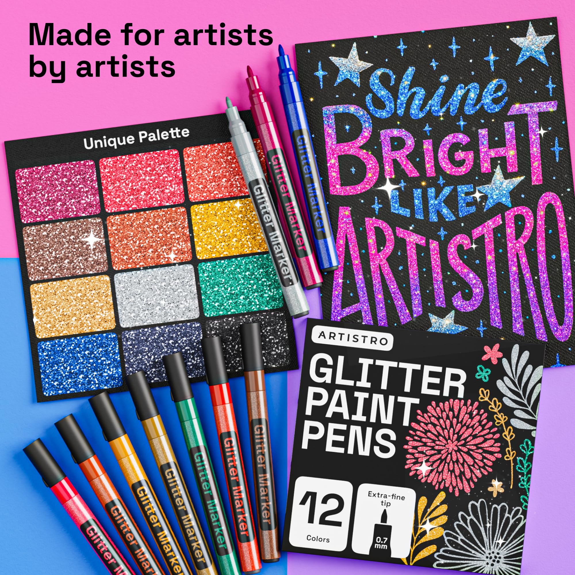 Artistro glitter paint pens used in rock painting with bold sparkle