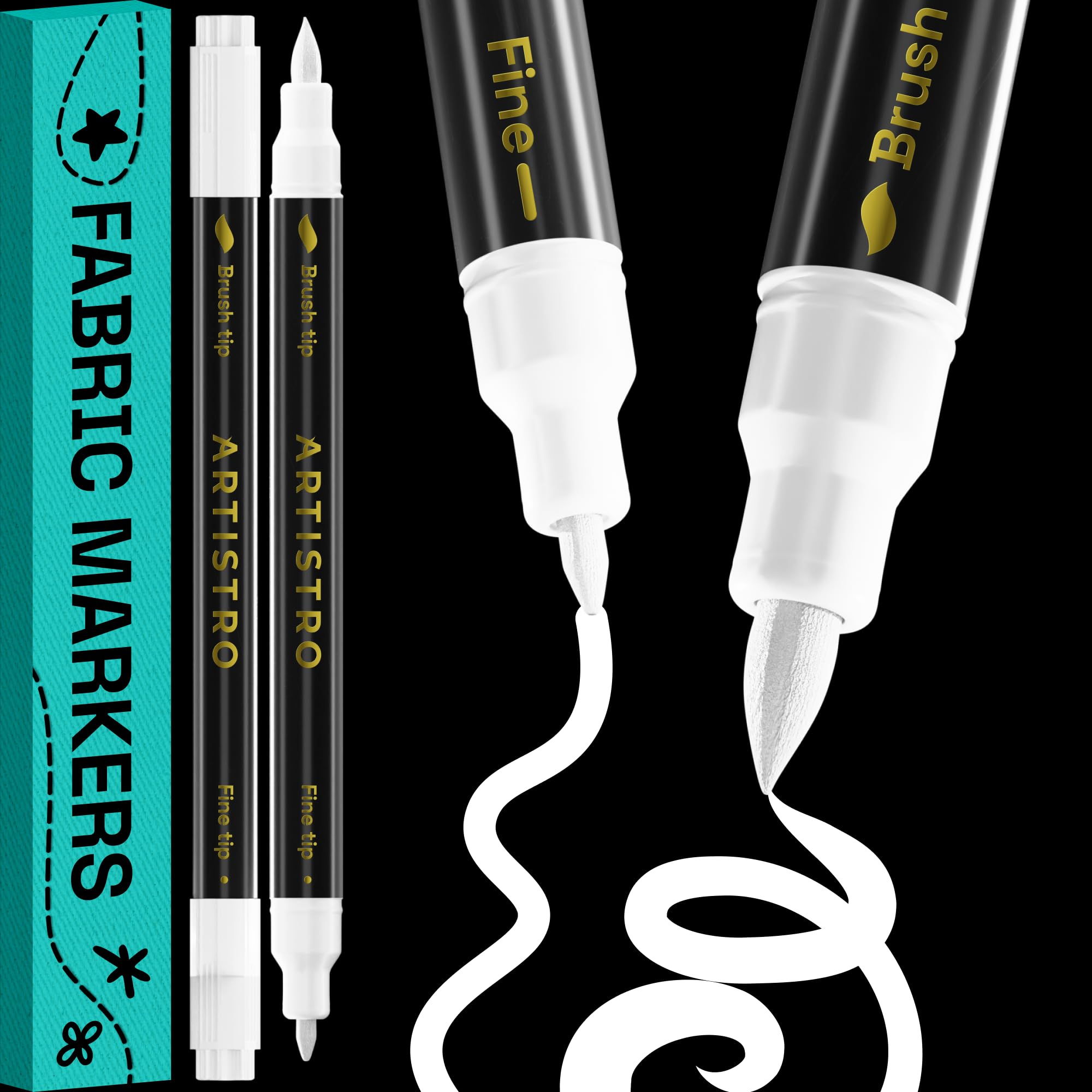 ARTISTRO 2 white dual-tip markers pack for precise lines on fabrics.