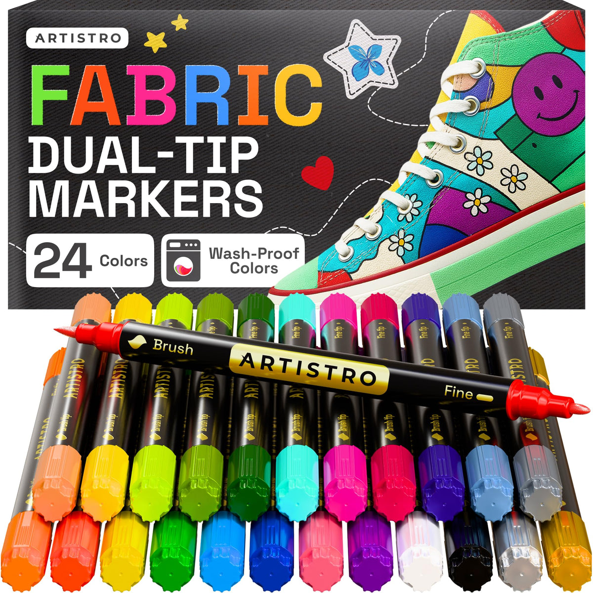 ARTISTRO 24 dual-tip markers brush-tip strokes on fabric for bold details.