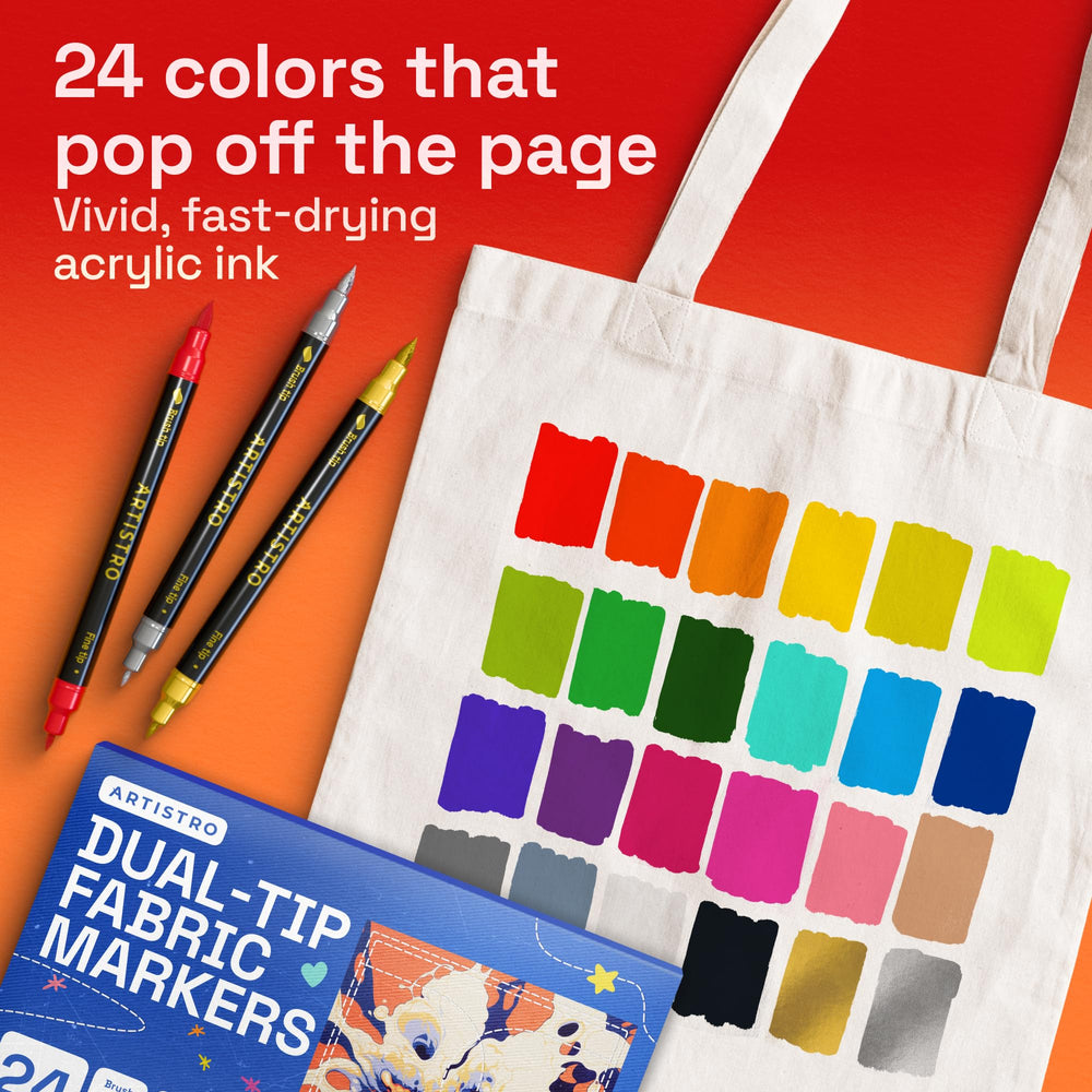ARTISTRO 24 dual-tip markers vibrant colors last on textiles.