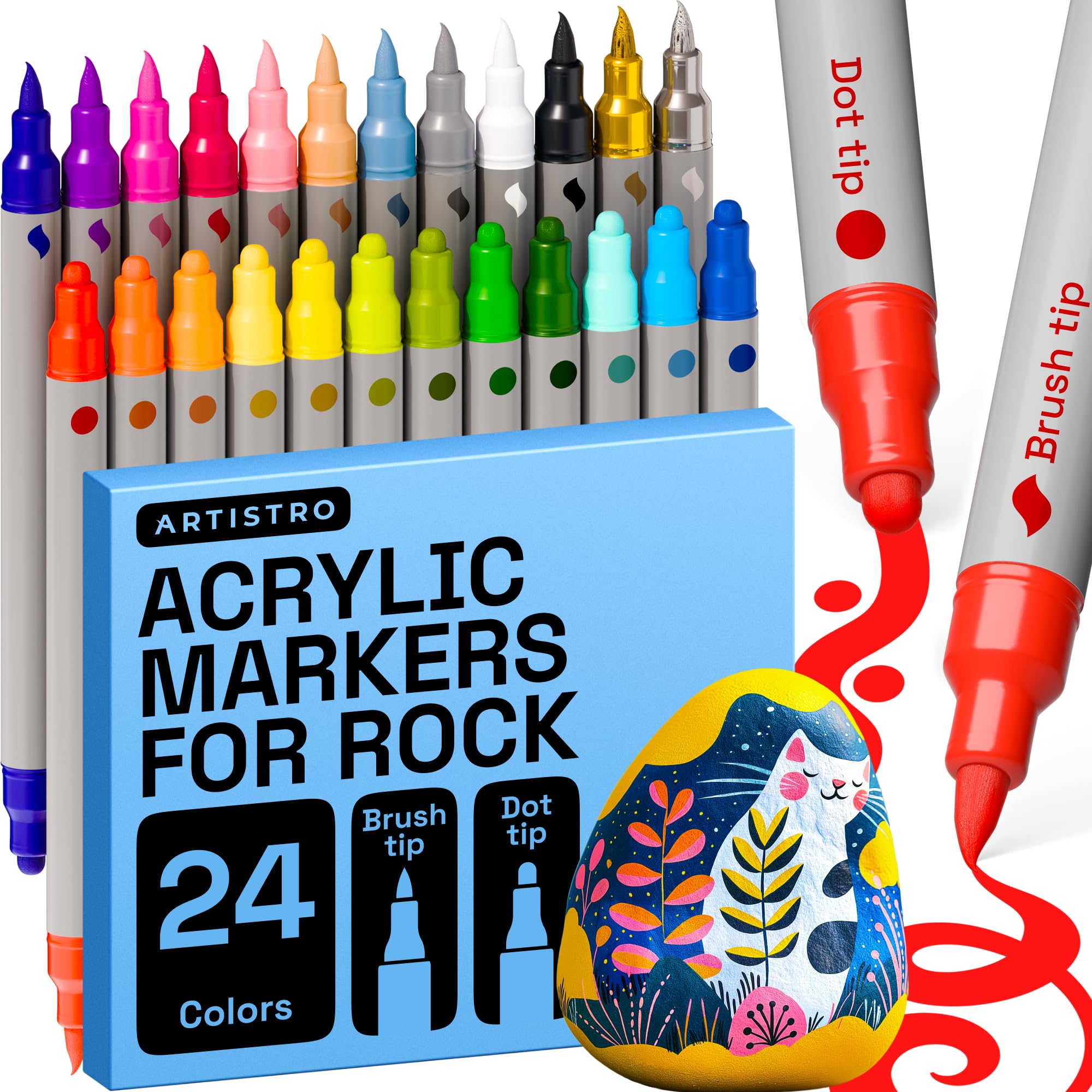 ARTISTRO 24 rock acrylic markers dual-tip pens for vibrant rock art.