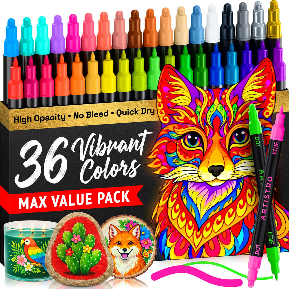 ARTISTRO 36 acrylic markers dual-tip for versatile outlines and bold fills.