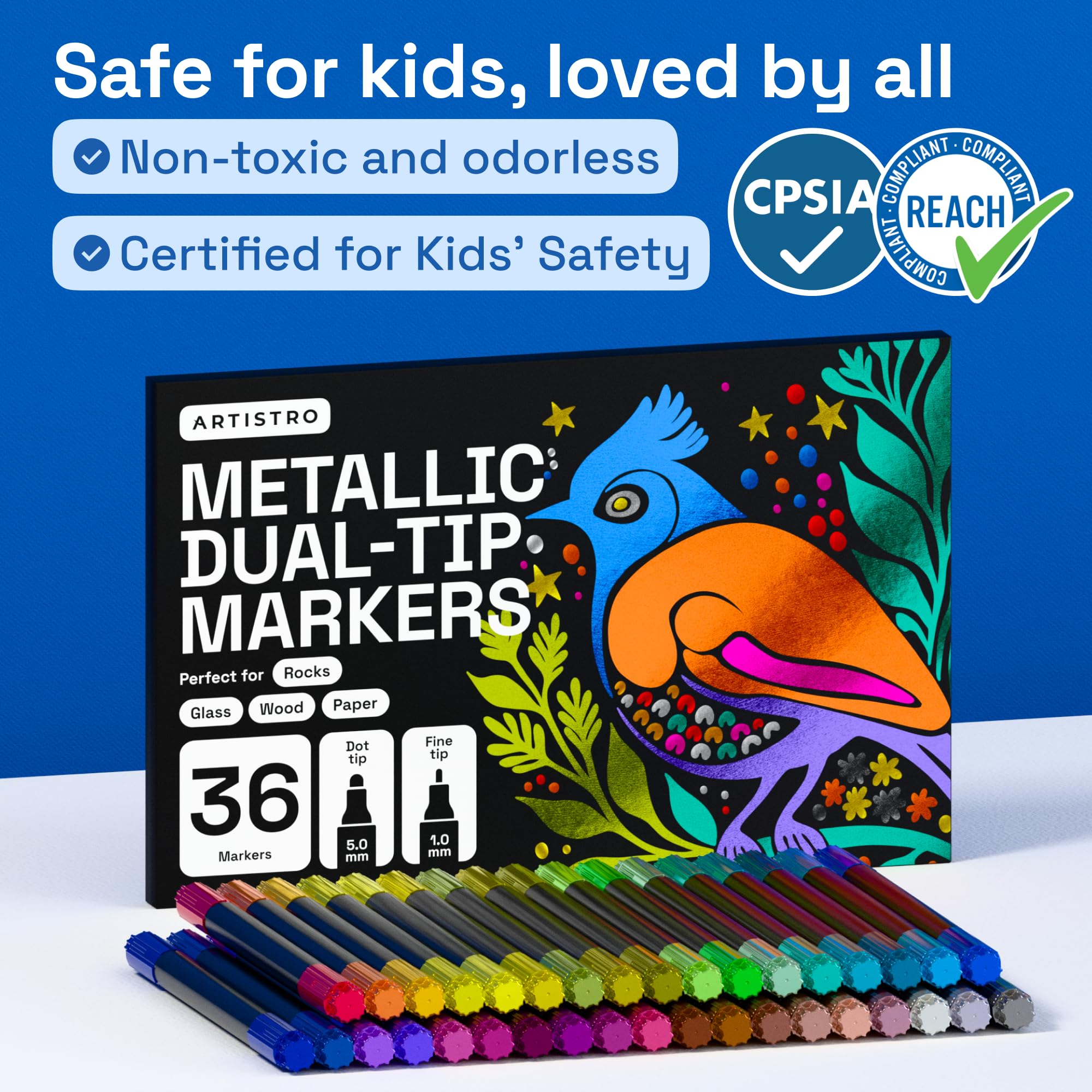 ARTISTRO 36 non-toxic markers safe for classrooms and home crafting.