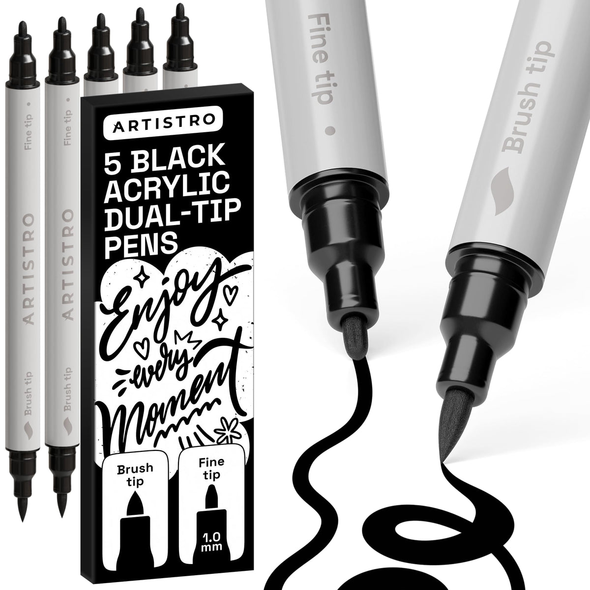 ARTISTRO 5 black acrylic markers with dual-tip for versatile art projects.