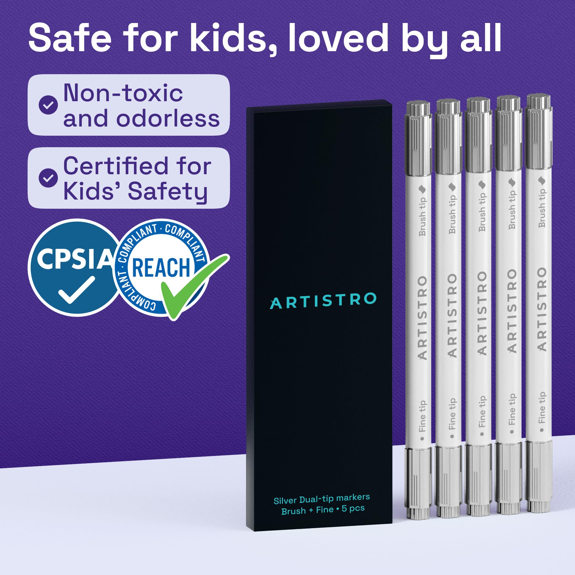 ARTISTRO 5 Silver markers feature non-toxic, water-based ink