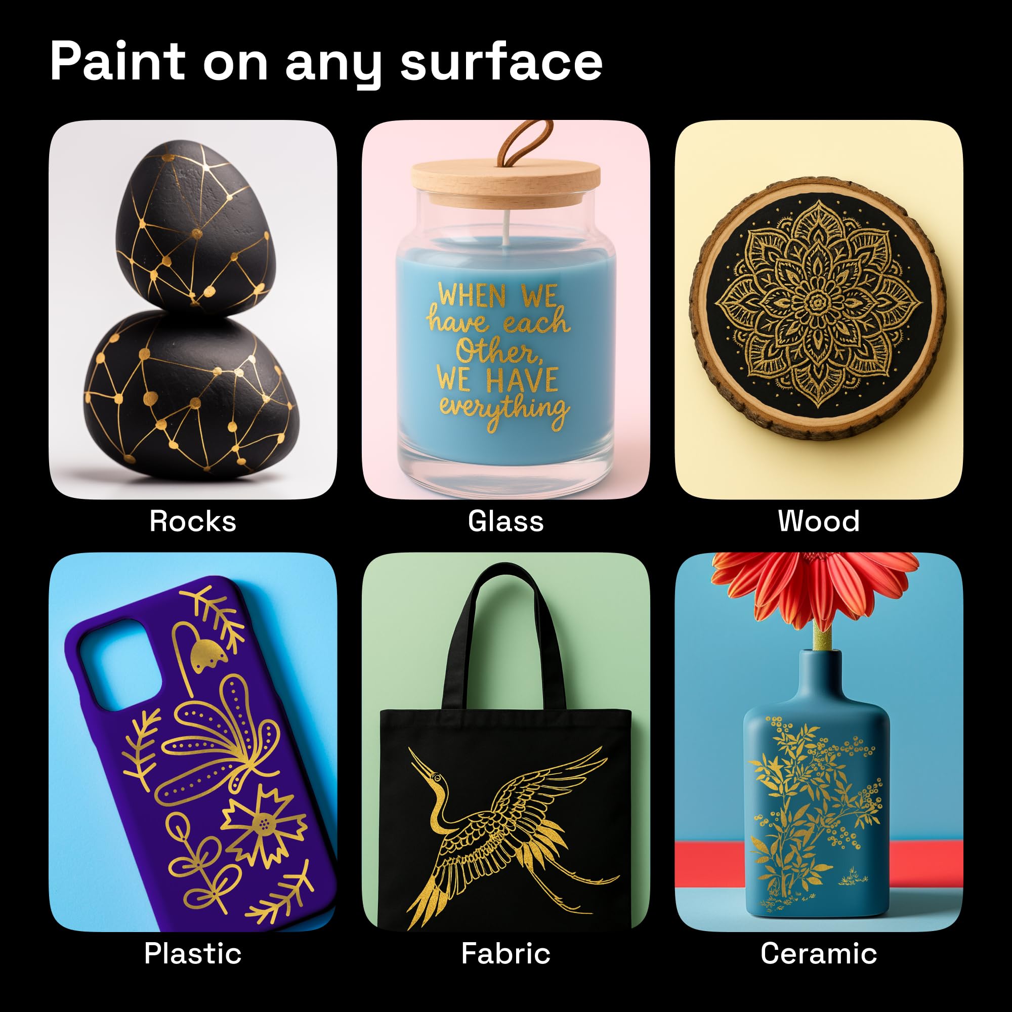 ARTISTRO gold paint marker on glass showing smooth opaque finish.