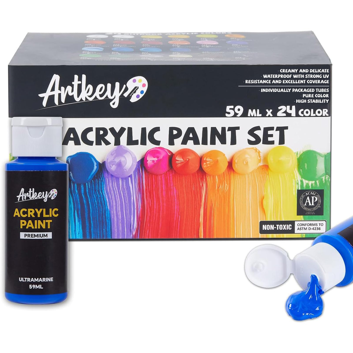 Artkey 24-bottle acrylic paint set in a vibrant box for versatile art projects