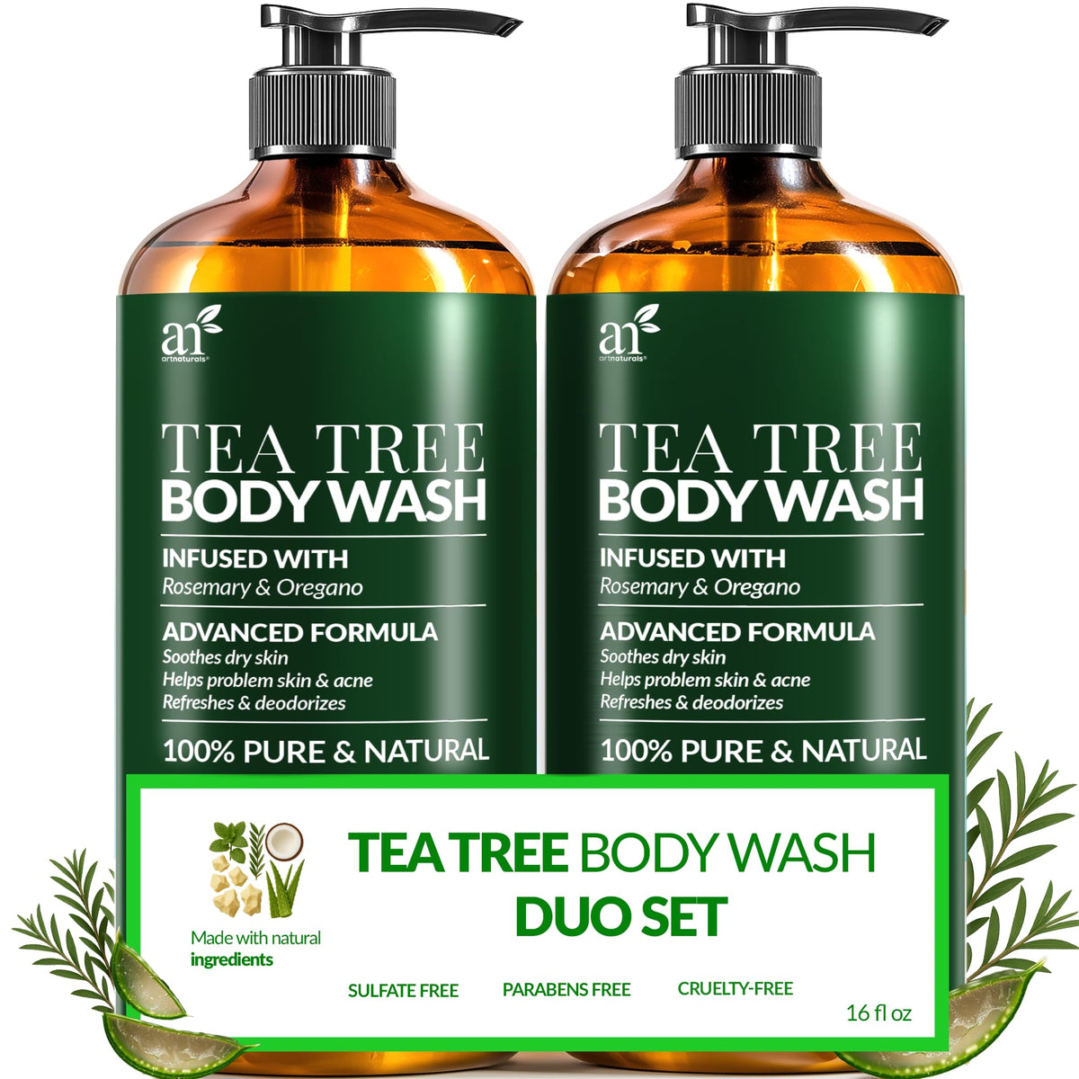 Artnaturals tea tree oil body wash bottle with bold label for clearer skin.