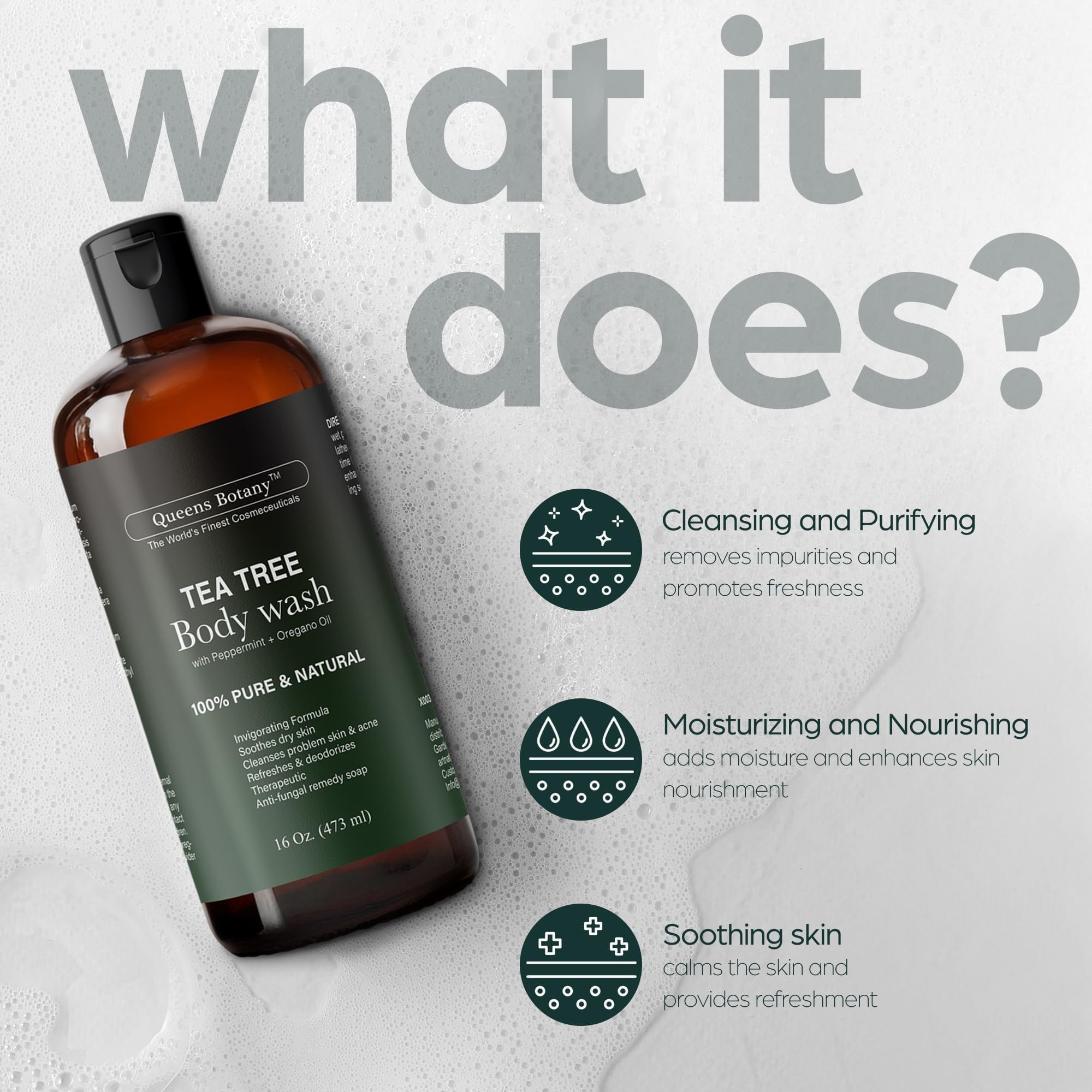 Label close-up highlighting Australian tea tree oil for skin balance.