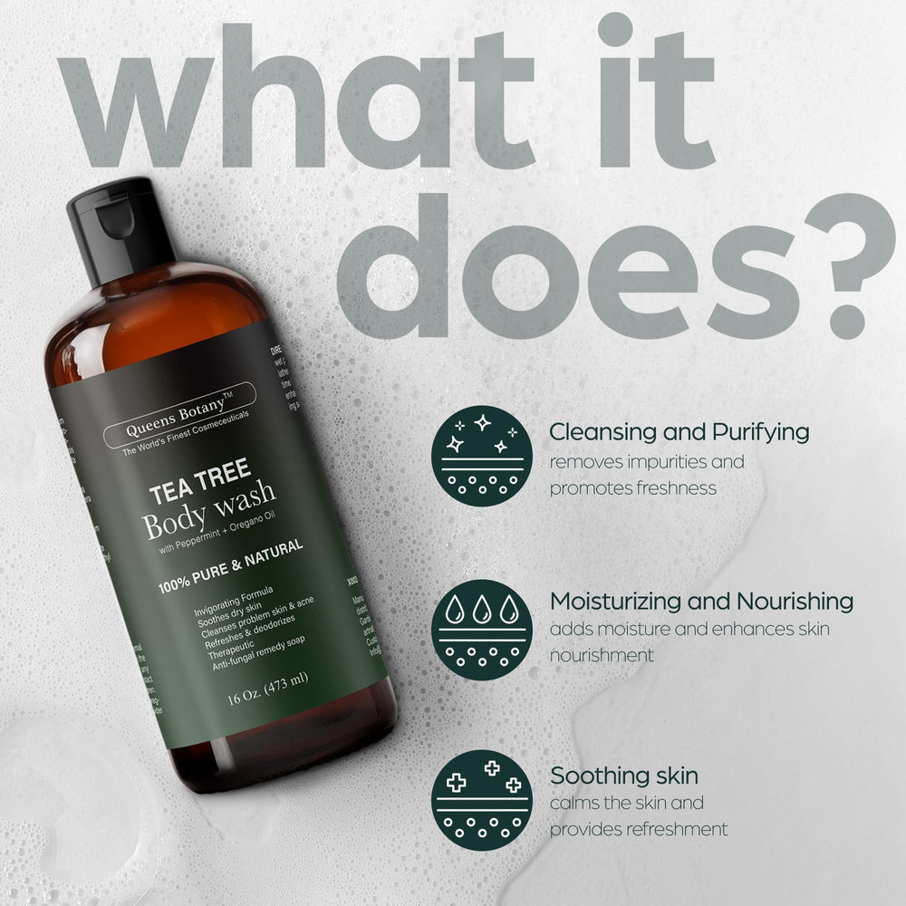 Label close-up highlighting Australian tea tree oil for skin balance.