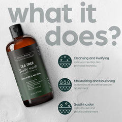 Label close-up highlighting Australian tea tree oil for skin balance.