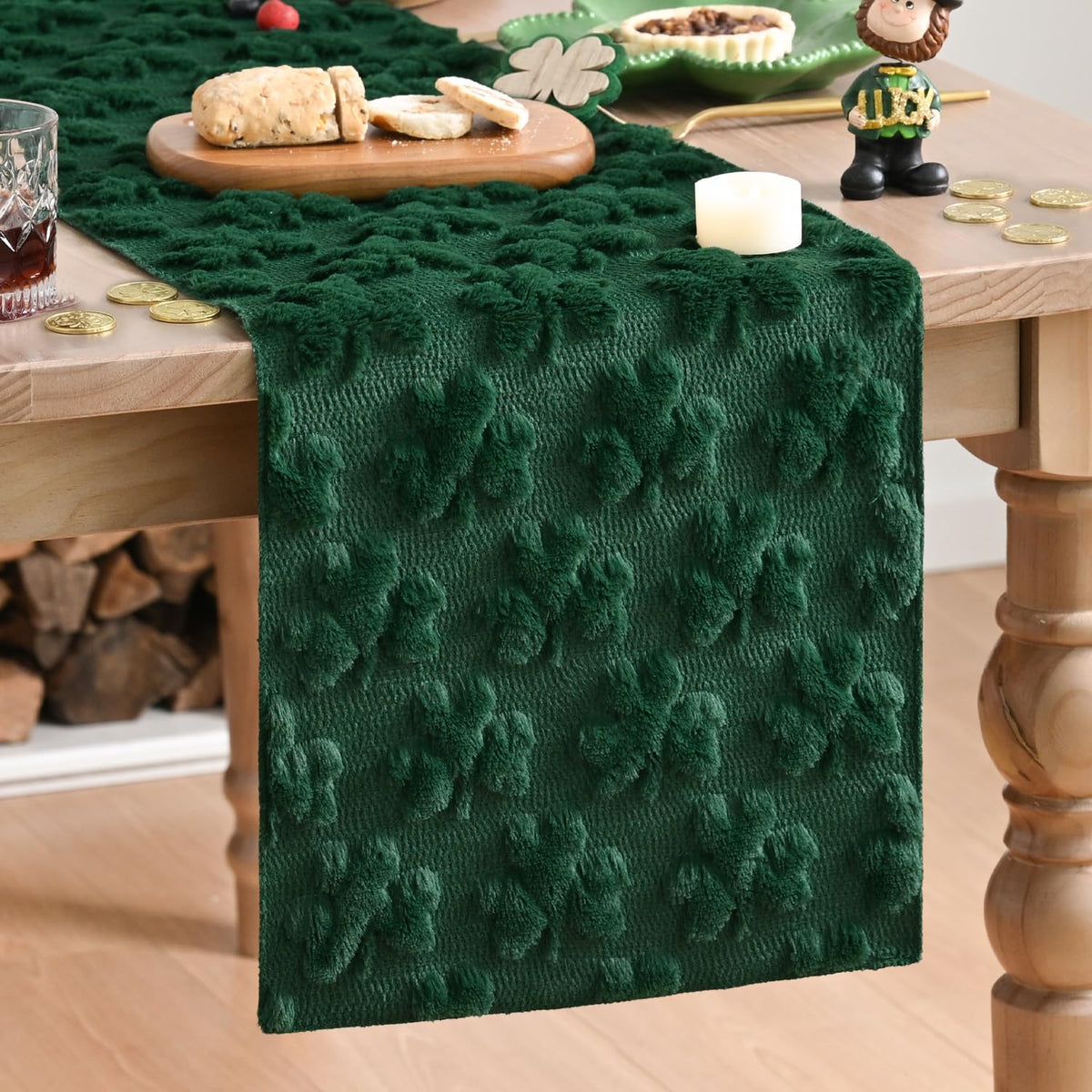 Artoid Mode green plush table runner close-up shows soft texture for cozy dining