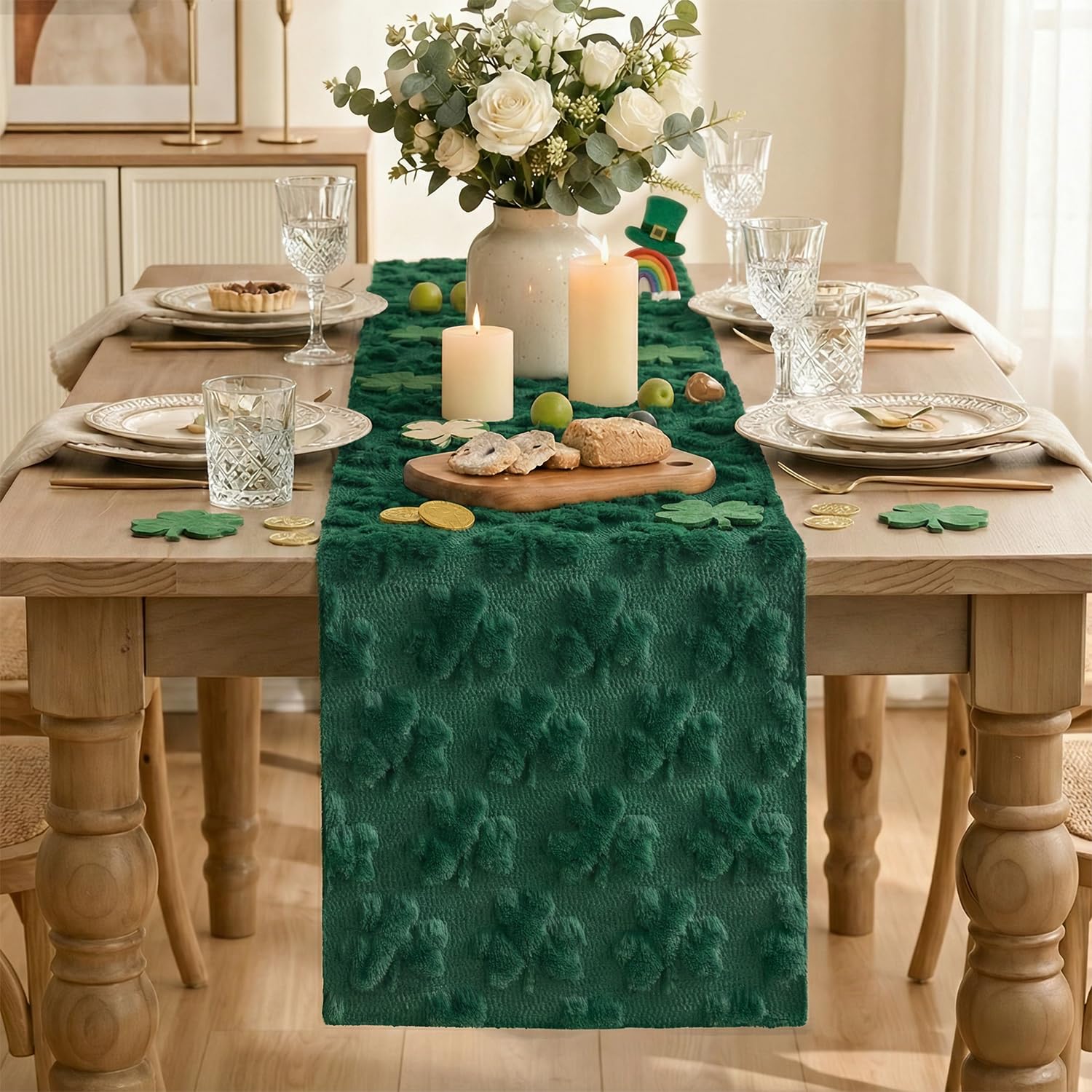 Artoid Mode green plush table runner with St. Patrick's Clover enhances festive table decor