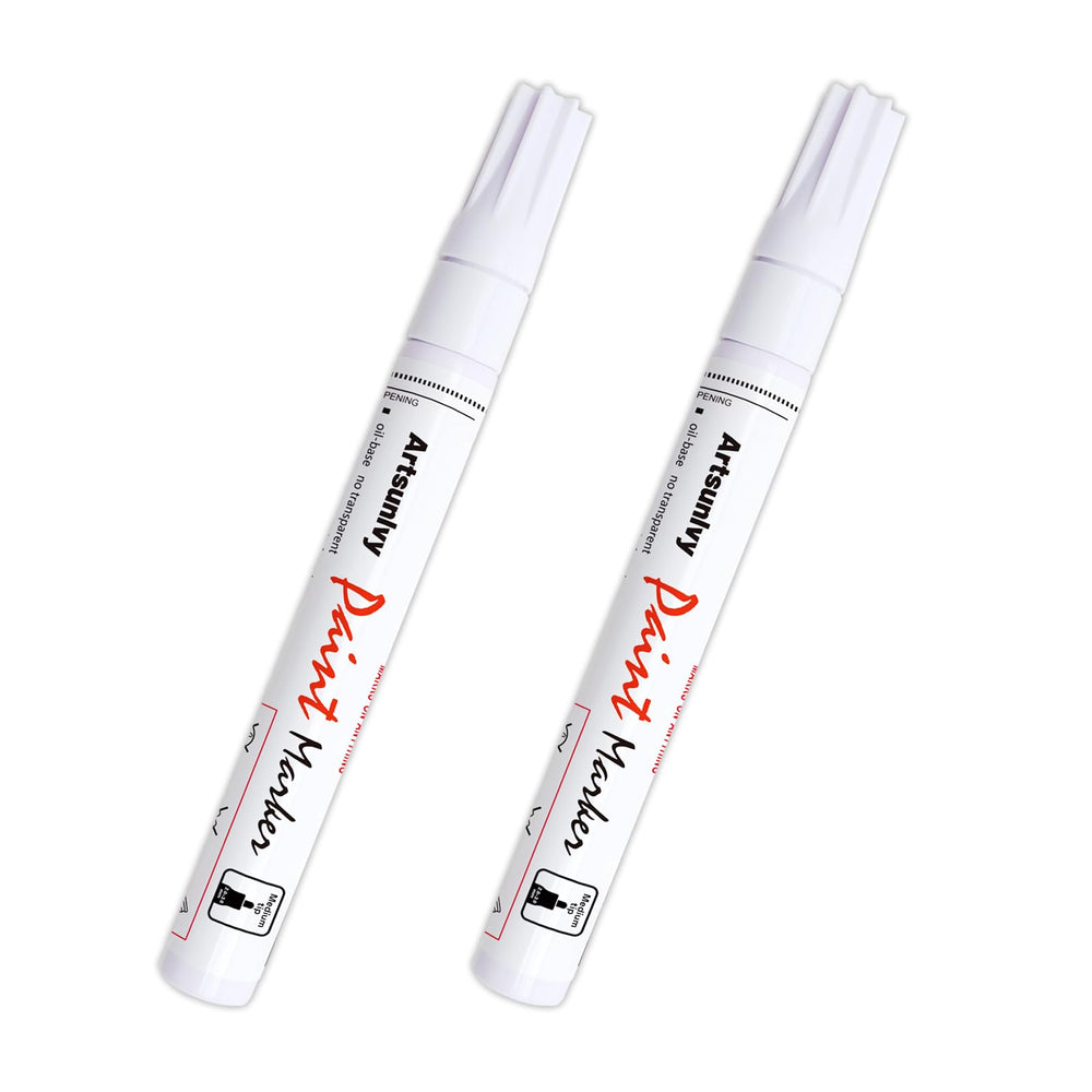 Artsunlvy white paint pen 2-pack for bold, permanent marks on multiple surfaces.