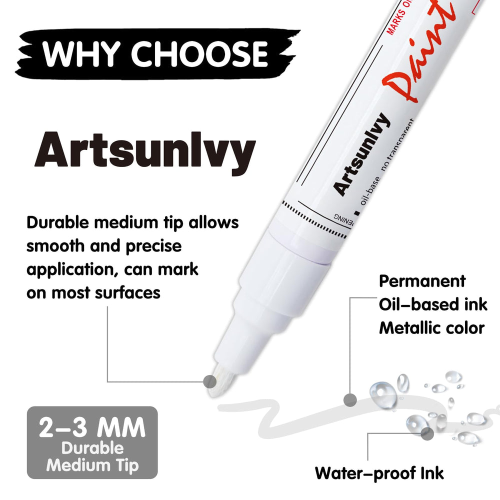 Artsunlvy white paint pen on metal shows durable, fade-resistant marks.