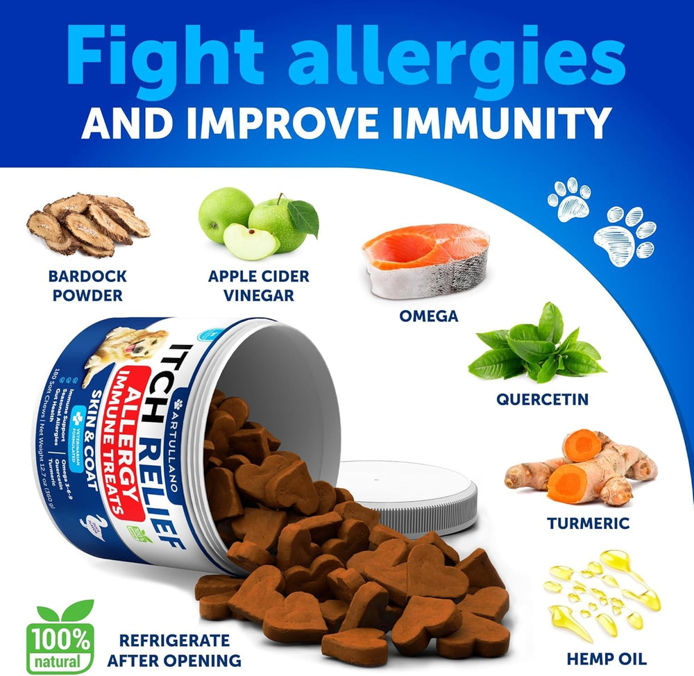 Artullano probiotics for dogs may help skin comfort and allergy support.