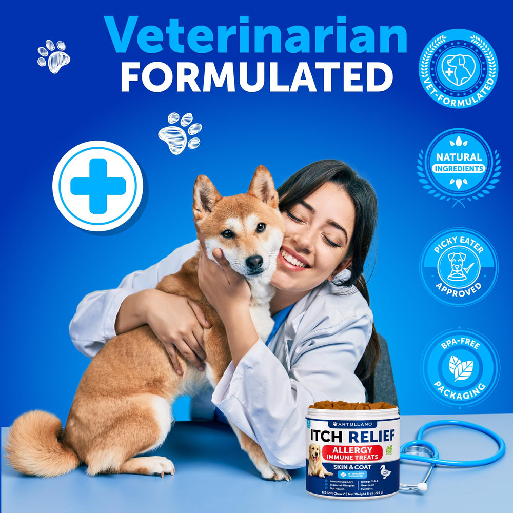 Artullano Dog Allergy Relief Chews box close-up emphasizes daily-use convenience