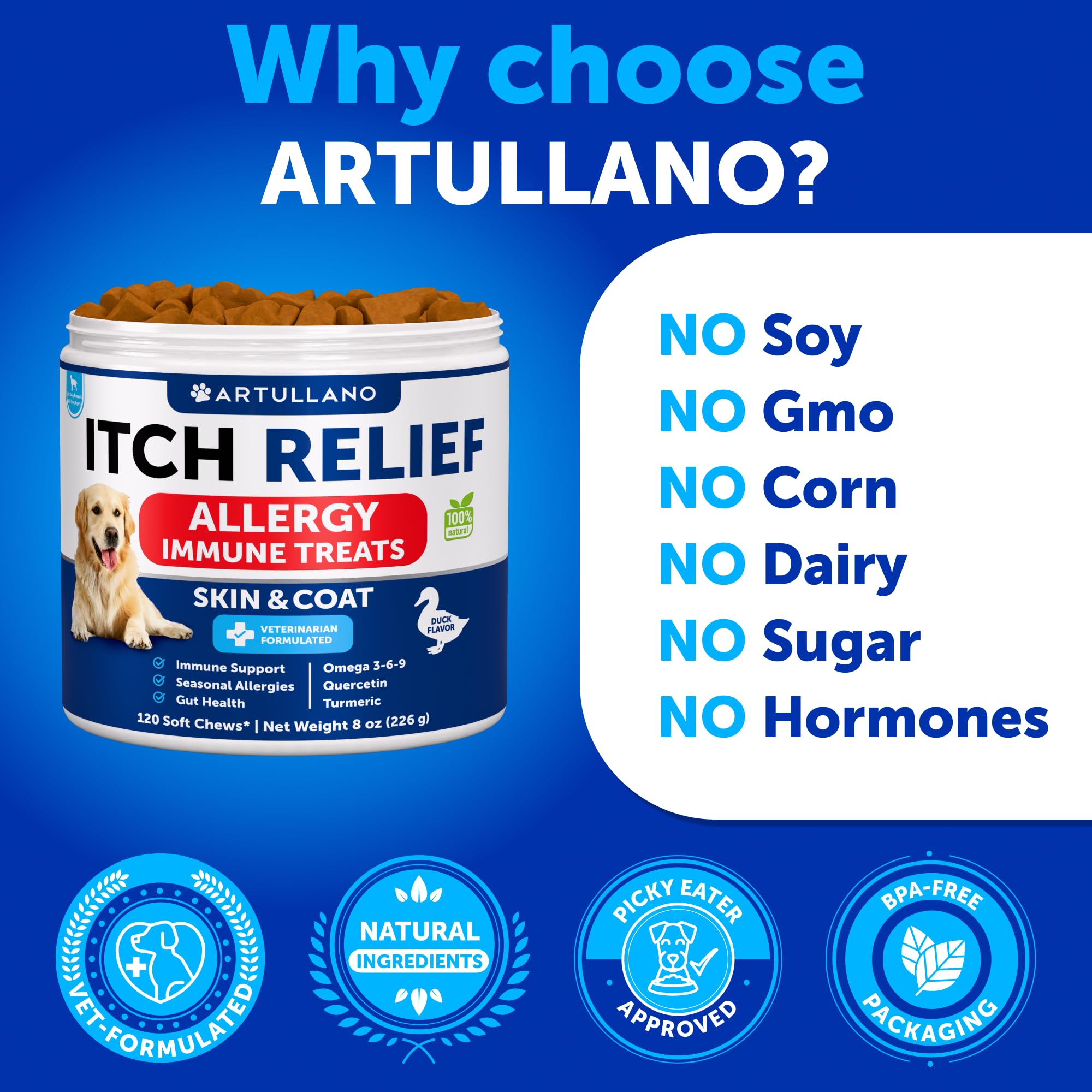 Artullano Dog Allergy Relief Chews hot spots image hints at itch relief capabilities