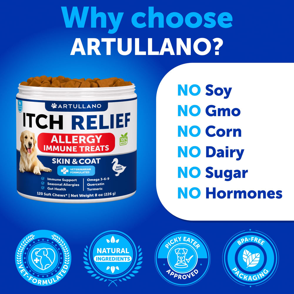 Artullano Dog Allergy Relief Chews hot spots image hints at itch relief capabilities