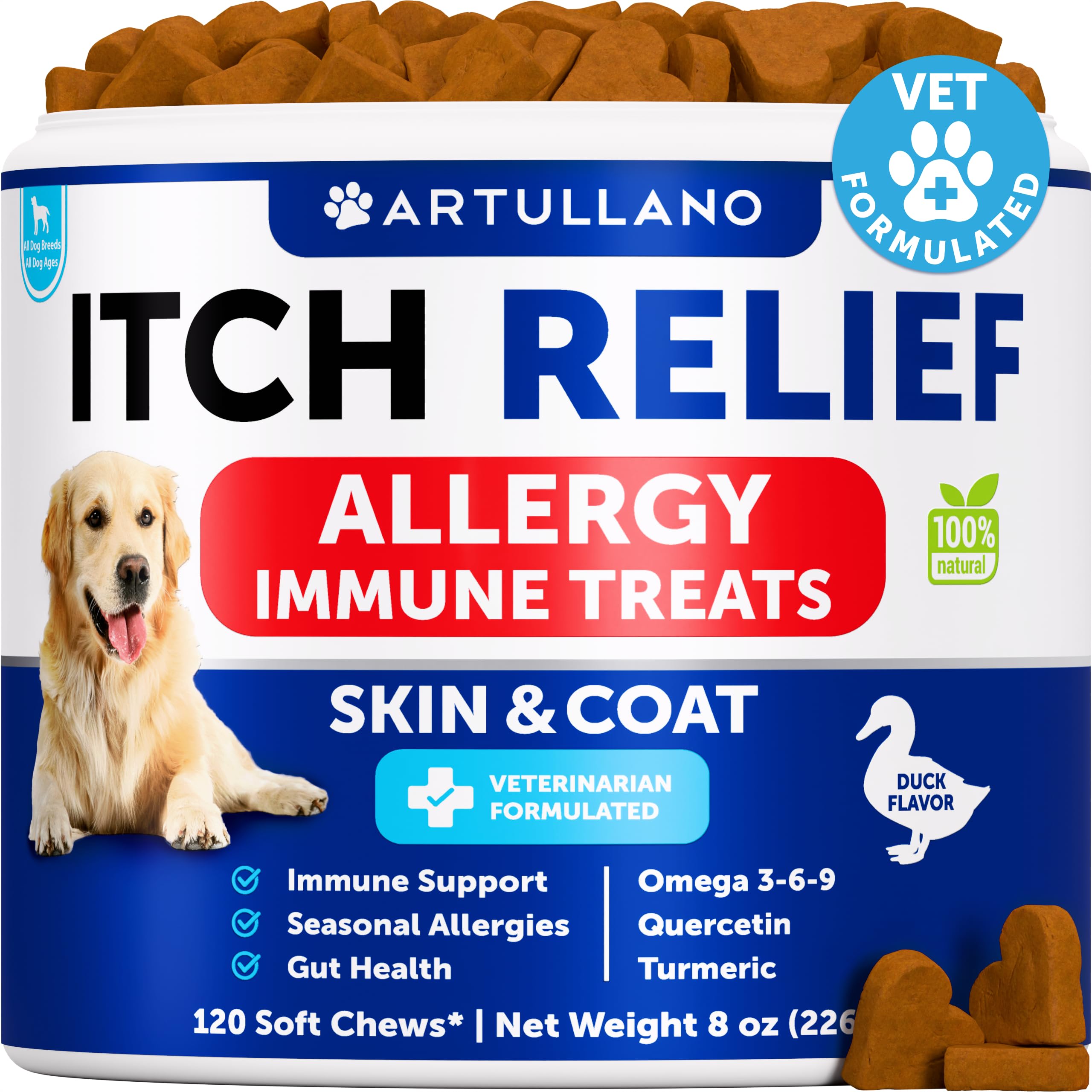 Artullano Dog Allergy Relief Chews label highlights omega-3 skin support
