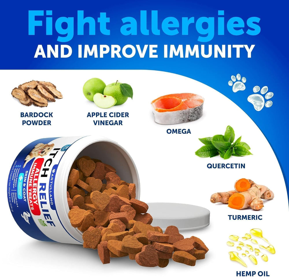 Artullano Dog Allergy Relief Chews omega-3 image emphasizes fish oil benefits