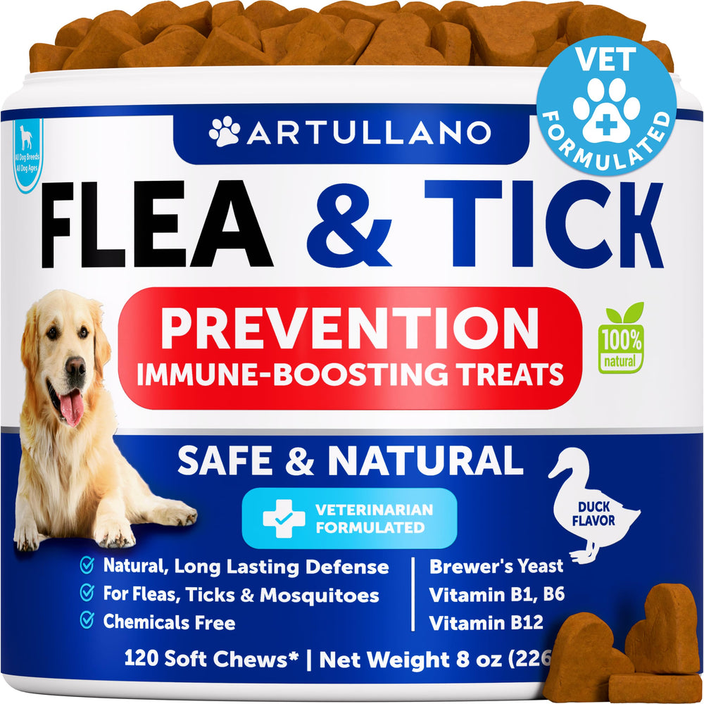 Artullano dog flea chews front pack—natural, mess-free solution for outdoor play.