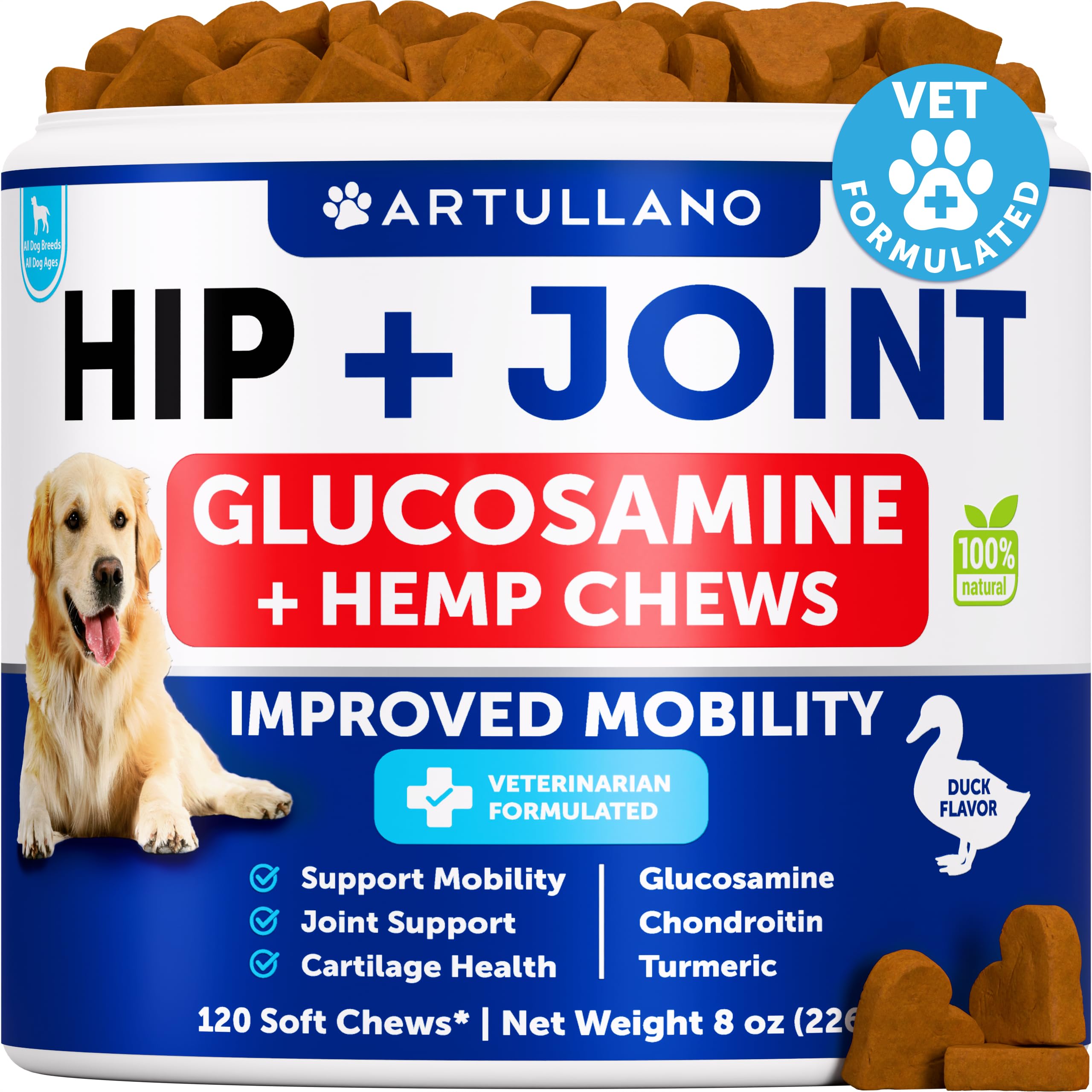 Artullano dog hip joint chews bottle—convenient daily supplement for mobility.