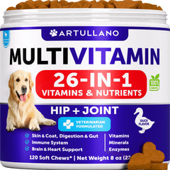 Artullano Dog Multivitamin 26-in-1 chews bottle pour for easy serving and freshness.