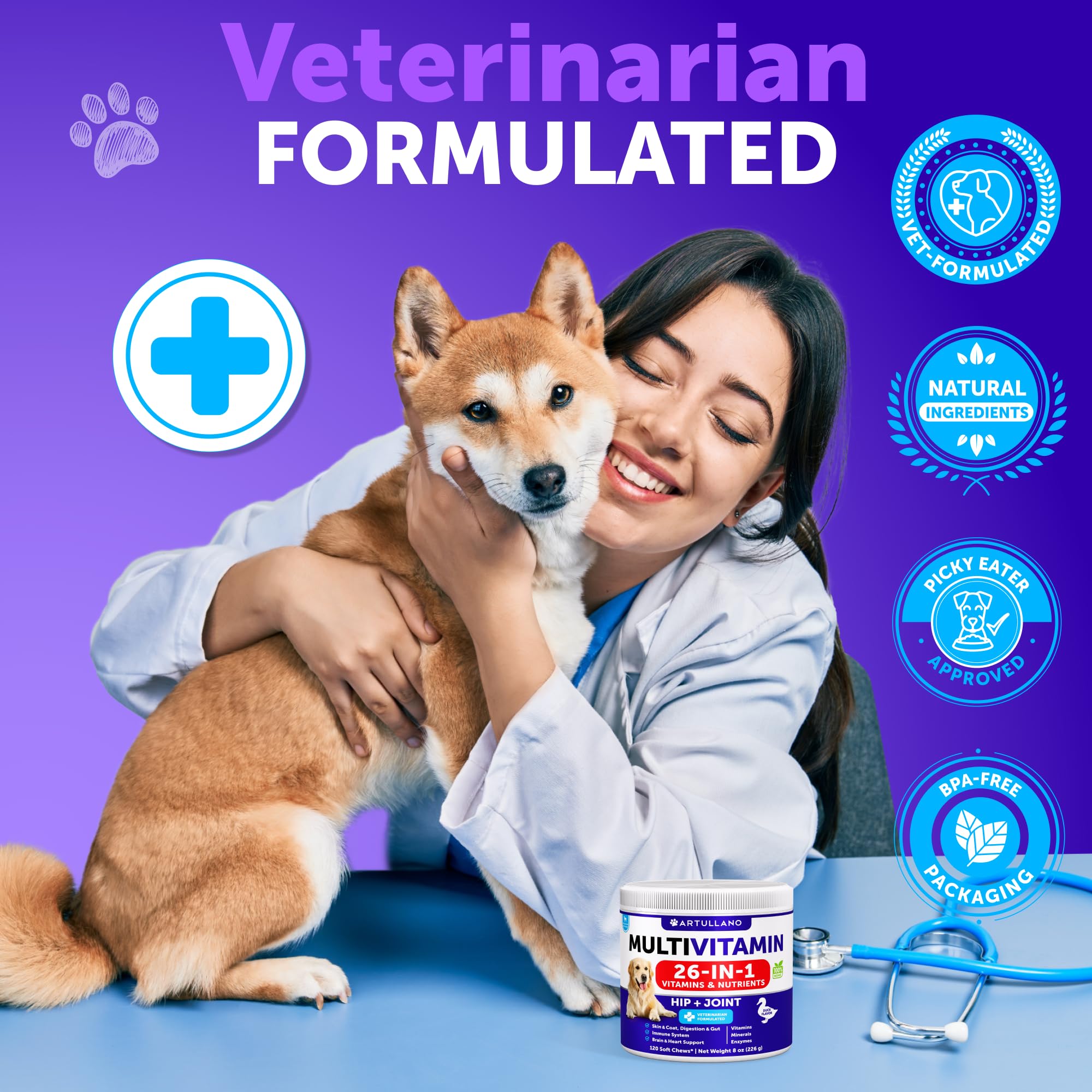 Artullano 26-in-1 chews with Omega-3 and probiotics for gut balance.