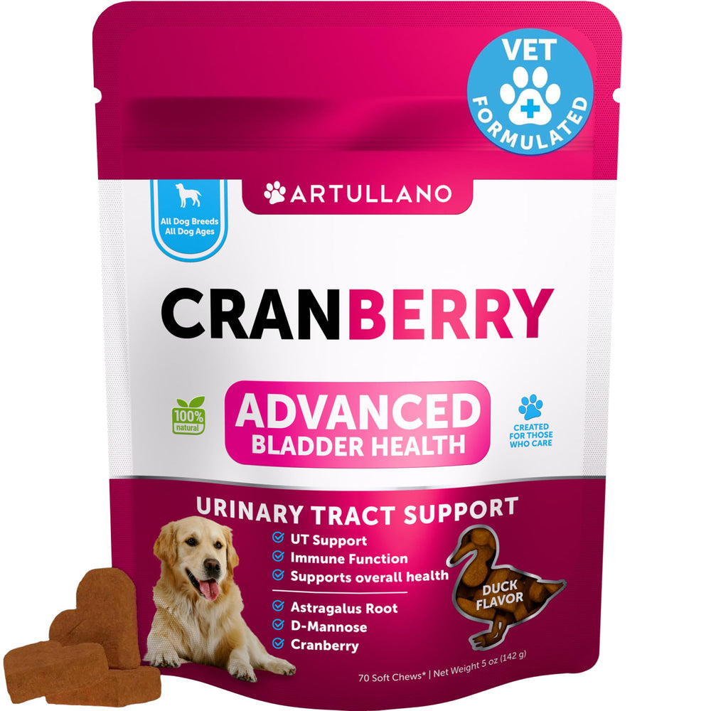 Artullano Dog UT Treats packaging shows cranberry chews for urinary balance.