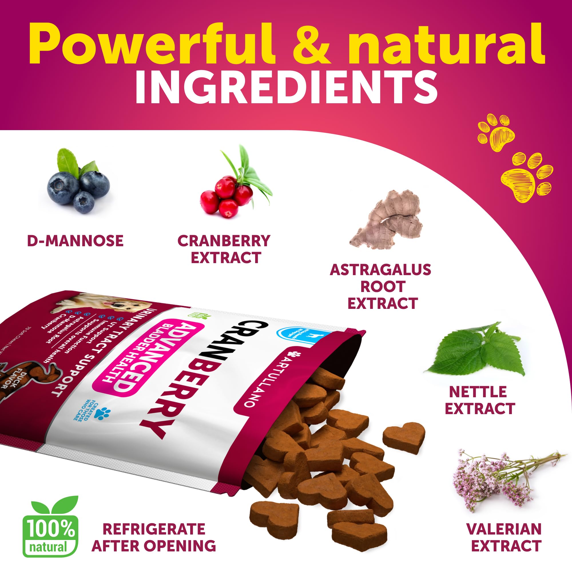 Artullano Cranberry-D-Mannose formula with fish oil supports digestive balance.